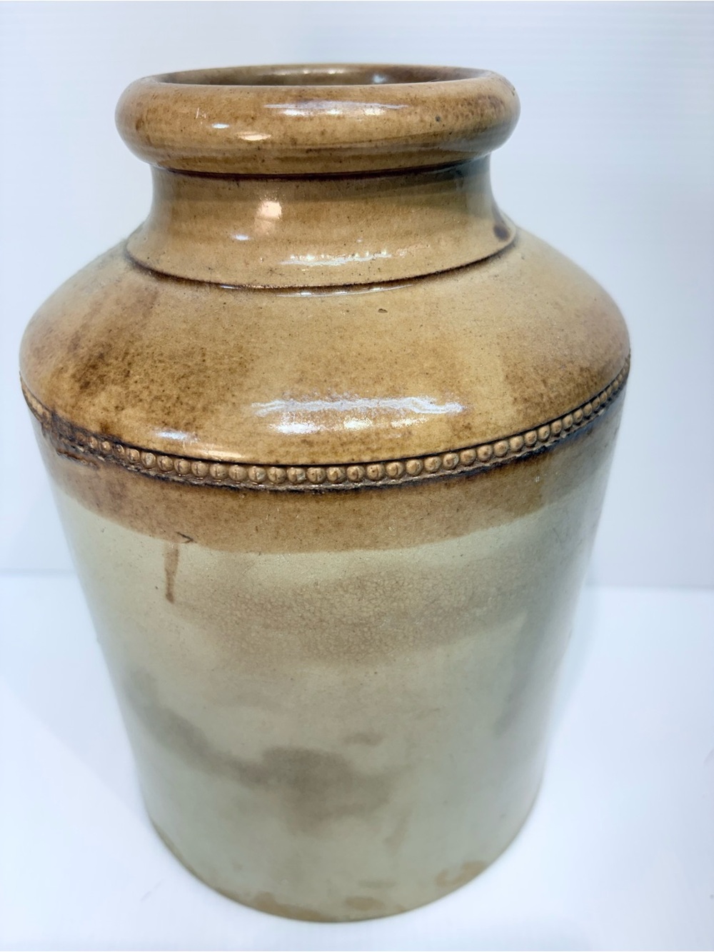 Neutral Two-Tone Ceramic Decorative Crock/Jar in Beige/Brown - 10" height